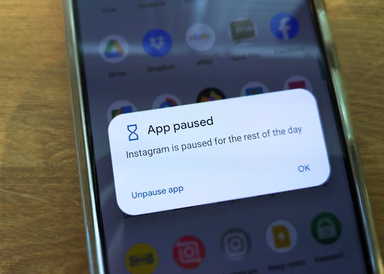 A notification on a phone screen that states Instagram has been paused for the rest of the day.